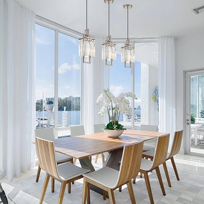 Modern Brushed Nickel Pendant Light Fixture for Kitchen Island and Dining Room, Industrial Small Hanging Crystal Chandelier Light Fixture for Bedroom Entryway Living room Foyer Hallway 3-Pack