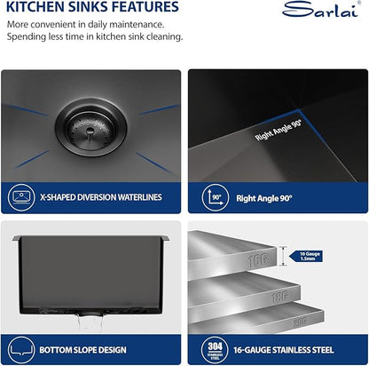 Sarlai 24 Inch Laundry Sink - 24x19 Inch Black Undermount Kitchen Sink 12 Inch Deep Utility Laundry Sinks Stainless Steel Single Bowl Under Counter Handmade Laundry Utility Room Basin