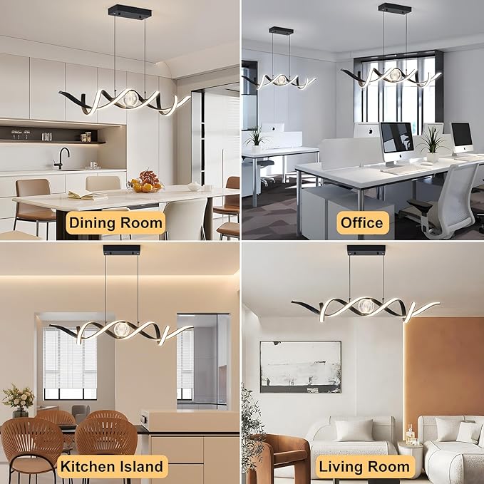 ORANOOR Modern LED Pendant Lights, Dimmable 39'' Spiral Wave LED Chandelier Lighting, Linear Swivel Black Dining Room Hanging Light Fixtures Kitchen Island Pendant Light for Dining Table (2340lm)