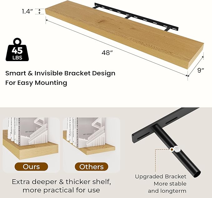 Dreamland 48 Inches Floating Shelves for Wall, 9.3 Inch Deep Floating Shelves Set of 2, Large Display & Storage Shelf, Wall Shelf for Bathroom Bedroom Living Room Kitchen Office,Oak