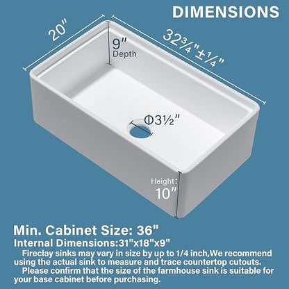 White Farmhouse Workstation Sink 33 x 20 Inch, Firecaly Apron Front Undermount Farm Sink, Single Bowl, w Accessories 4 Types, Reversible (Sleek & Fluted Optional), Pure White, for Kitchen