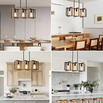 23.6" Kitchen Island Lighting,3 Lights Dining Table Chandelier, Rectangle Island Light for Dining&Living Room, Foyer Hallway,E26, Wood Frame.