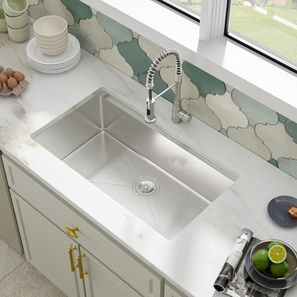 33 Undermount Sink Stainless Steel- Fuyuoer 33 Inch Workstation Kitchen Sink 16 Gauge Stainless Steel Single Bowl Round Corner Handmade Deep Basin Kitchen Sinks, 33x19x10 Inch
