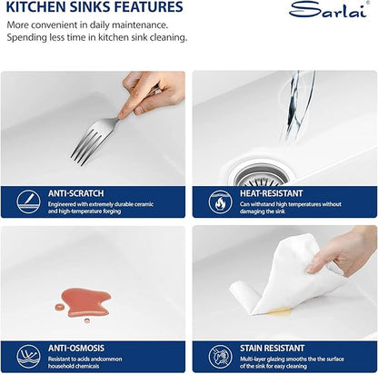 Sarlai 33 White Farmhouse Sink - 33x20 Inch Kitchen Sink Apron Front Ceramic Porcelain Vitreous Fireclay Single Bowl Farmer Sinks Basin