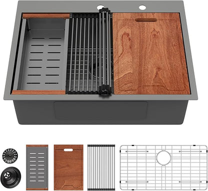 Lordear 30 Inch Black Kitchen Sink Single Bowl Workstation Sinks 16 Gauge All In One 30x22 Kitchen Sinks Stainless Steel Gunmetal Black Sink 30"