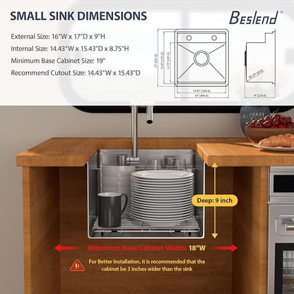 16 Inch Outdoor Kitchen Sink With Faucet and Cover - Beslend 16x17x9 Undermount Kitchen Bar Sink Workstation 16 Gauge Stainless Steel Single Bowl Small Sinks Under Counter Indoor Outdoor