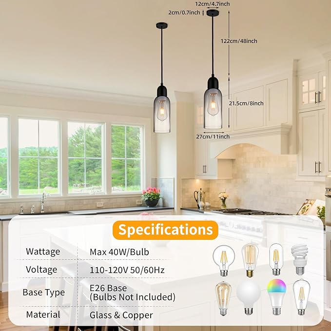 Modern Pendant Lights, Smoked Grey Glass Hanging Lamp with Matte Black Finish, Adjustable 48" Cord Pendant Light Fixtures for Kitchen Island Sink Bar Dining Room Farmhouse, E26 Base