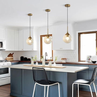 KCO Lighting Mid Century Modern Pendant Chandelier Amber Glass Hanging Lamp Gold Globe Pendant Lights Kitchen Island Brushed Brass Pendant Light Large Kitchen Pendant Lighting Over Island