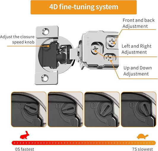 Chibery 60 Pack 1-3/8" Overlay 4D Soft Close Concealed Hinges for Face Frame Door, Adjustable Closing Speed, Smooth Slow Self Close Hinges, Satin Nickel, 105° Open Angle Stainless Steel Cabinet Hinges