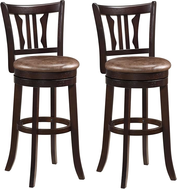 Giantex Swivel Bar Stools Set of 2, 30" Upholstered Bar Height Bar Chairs with Back, Faux Leather Seat, Solid Rubber Frame & Wrap-Around Footrest, Wooden Barstools for Kitchen Island, Pub