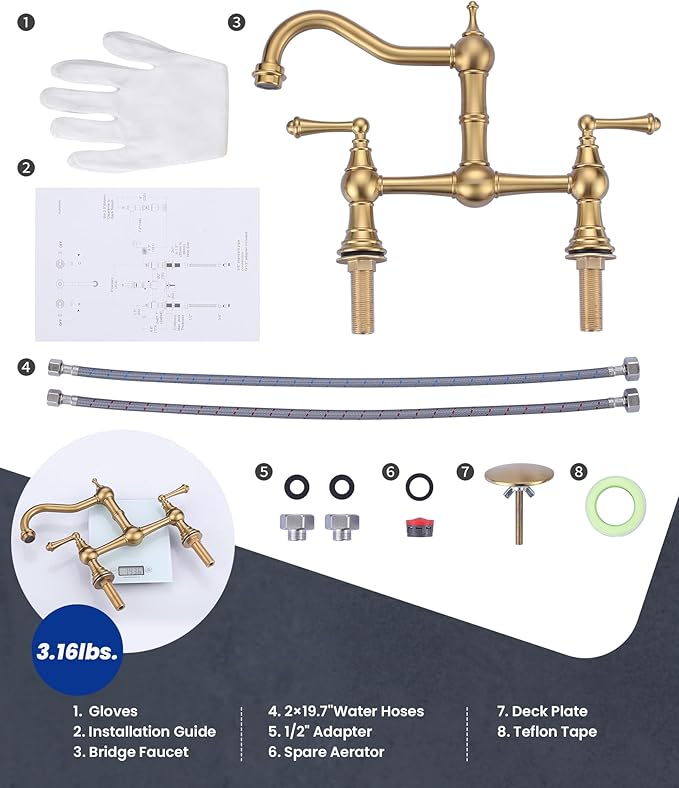 WOWOW Gold Bridge Kitchen Faucet 2 Hole Antique Brass Bridge Faucet 2 Handle 8 Inch Centerset Farmhouse Kitchen Sink Faucet 360° Swivel Vintage Tap