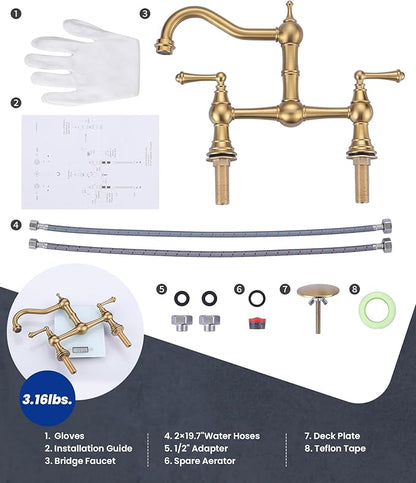 WOWOW Gold Bridge Kitchen Faucet 2 Hole Antique Brass Bridge Faucet 2 Handle 8 Inch Centerset Farmhouse Kitchen Sink Faucet 360° Swivel Vintage Tap