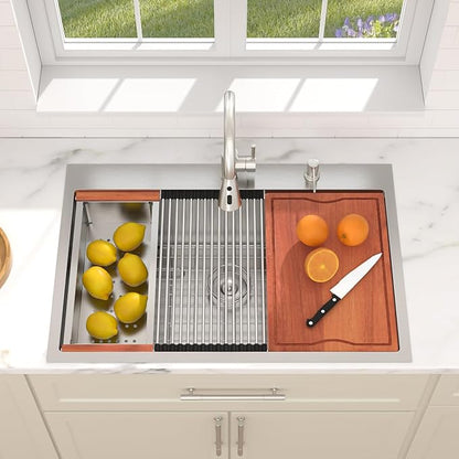 Dcolora 36 In. Drop In Kitchen Sink With Faucet Large Topmount Sink Workstation Stainless Steel Overmount Basin s Single Bowl 36"×22"×10", DC-SFDOE00014