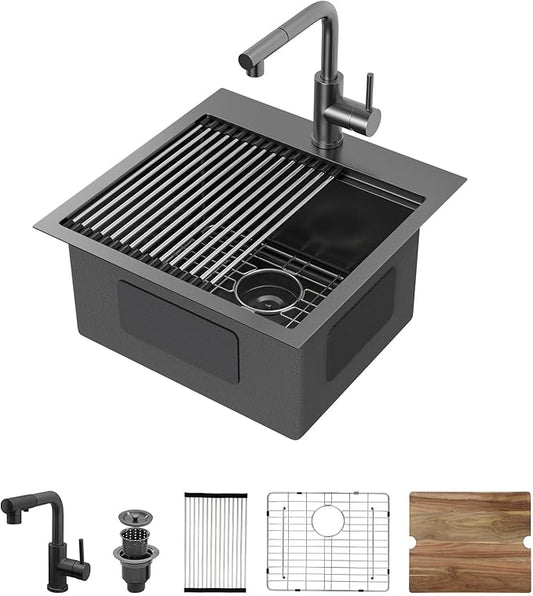 18 Inch Black Drop In Bar Sink Outdoor Kitchen Sink Nano PVD Gunmetal Black Ledge Workstation 16 Gauge Stainless Steel Single Bowl Small Sinks with Pull-out Faucet 18"x18"x9"