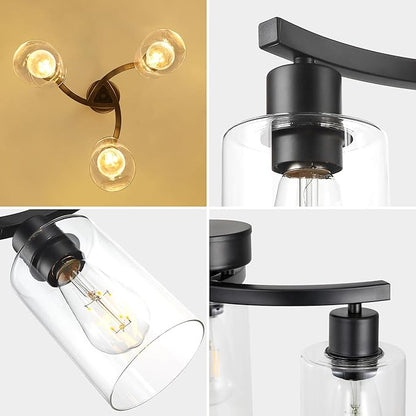 Sigaitwei 3-Light Modern Farmhouse Chandelier for Dining Room Light Fixtures，16.5" Black Kitchen Island Pendant Lighting, Adjustable Hanging Light for Dining Room with Clear Glass Shades