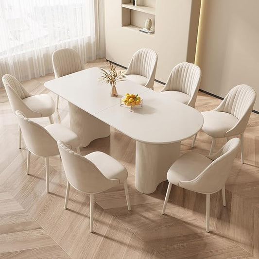Guyii 70" Dining Table Set with 8 Chairs, Modern Kitchen Table Set, Indoor Dining Table for Kitchen, Bar, Living Room, Breakfast Nook, Small Space, Cream White
