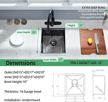 Undermount Kitchen Sink, 15 x 17 x 10 Inch Bar Sink 16 Gauge Gunmetal Black Stainless Steel Small Sink Kitchen Single Bowl Workstation with Cutting Board