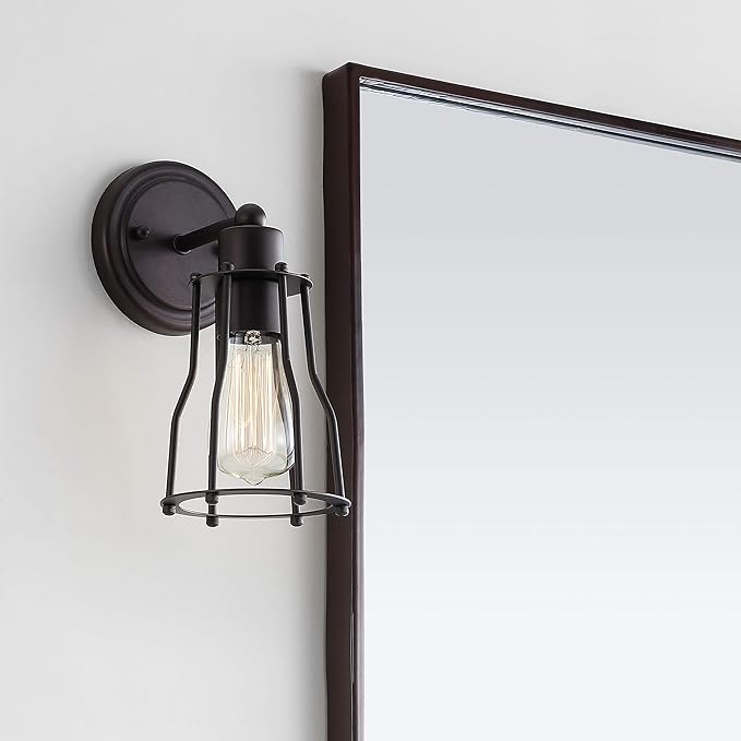 JONATHAN Y 5.13" Oil Rubbed Bronze Modern Industrial Metal Vanity Light, Bathroom Sconce for Mirror, Reversible 1-Light Wall Lamp with Metal Cage Shade for Hallway, LED Bulb Included (JYL7419A)