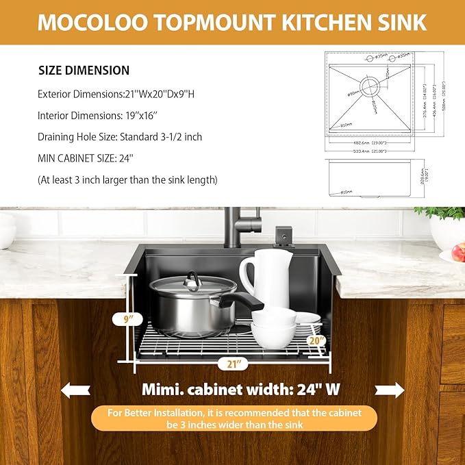 Mocoloo 21 Inch Drop in Bar Sink with Faucet, 21x20 Black Topmount Kitchen Sink - Stainless Steel Single Bowl Workstation with Pull-Out Faucet