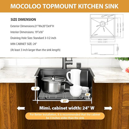 Mocoloo 21 Inch Drop in Bar Sink with Faucet, 21x20 Black Topmount Kitchen Sink - Stainless Steel Single Bowl Workstation with Pull-Out Faucet
