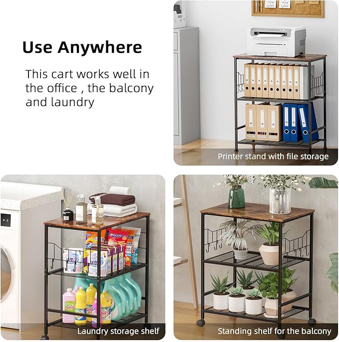 Toutrop Rolling Kitchen Microwave Cart with Wheels, 3 Tier Microwave Storage Cart with Adjustable Shelves, Coffee Table, Utility Cart for Kitchen, Living Room, Office, Laundry Room