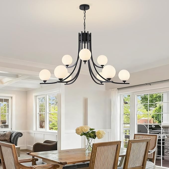 Black Farmhouse Chandelier Modern Sputnik Chandelier for Dining Room Mid Century Chandelier Dining Room Light Fixtures with Withe Glass Globe Shades for Foyer Living Room Kitchen Island