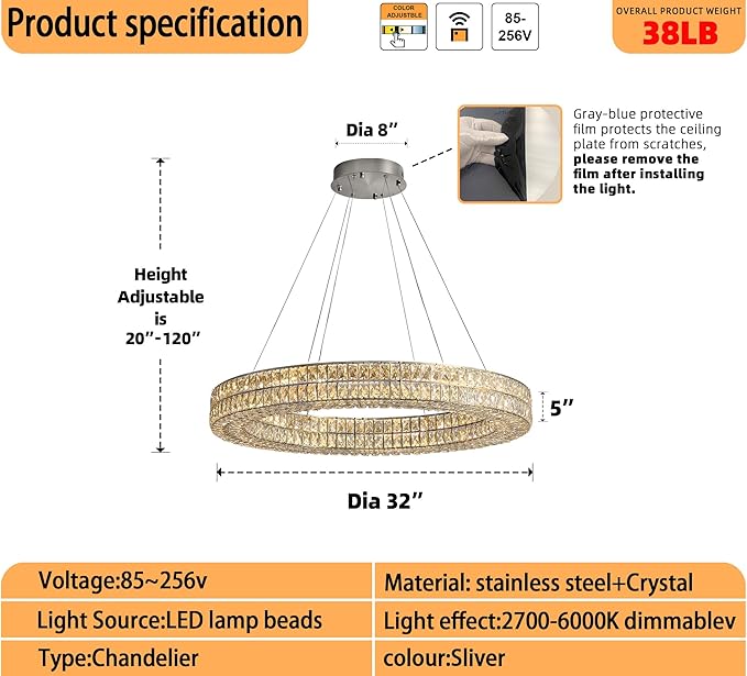 Modern Luxury Crystal Chandelier for Dining Room 32" LED Ring Pendant Light Adjustable Dimmable 2700k-6000k