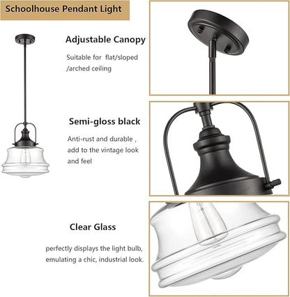 DEYNITE Industrial Black Pendant Light Milk White Glass Schoolhouse Hanging Light Fixture, E26 Dimmable Light for Kitchen Bar Dining Bathroom Bedroom
