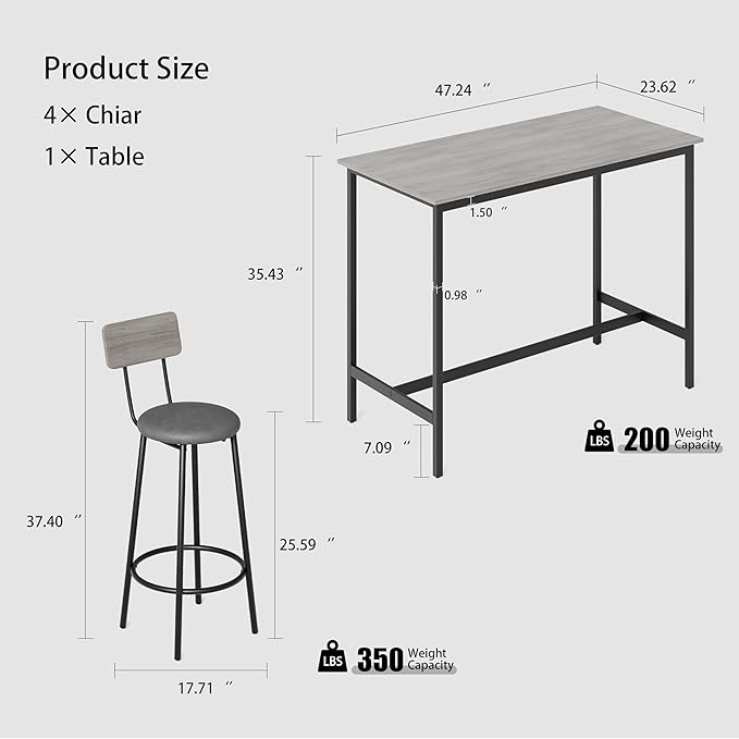 Bar Table Set with 4 Stools, Counter Height Kitchen Dining Table Set, PU Upholstered Bar Stools with Backrest, Space Saving, Grey