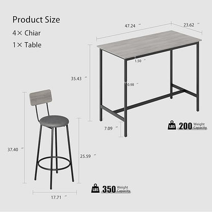 Bar Table Set with 4 Stools, Counter Height Kitchen Dining Table Set, PU Upholstered Bar Stools with Backrest, Space Saving, Grey