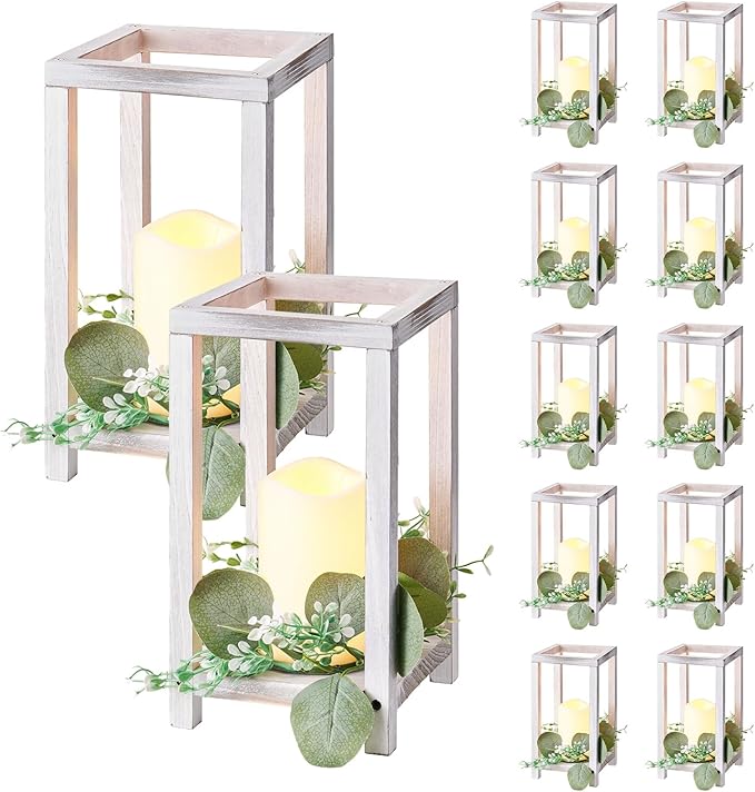 VEVOR 12 Set/36 Pcs Wooden Wedding Lantern Centerpiece, Includes 12 Wooden Lantern Candle Holder 12 Flameless LED Candle 12 Eucalyptus Leaves Wreath for Wedding Table Party Farmhouse Decor, White