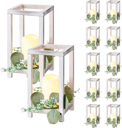 VEVOR 12 Set/36 Pcs Wooden Wedding Lantern Centerpiece, Includes 12 Wooden Lantern Candle Holder 12 Flameless LED Candle 12 Eucalyptus Leaves Wreath for Wedding Table Party Farmhouse Decor, White