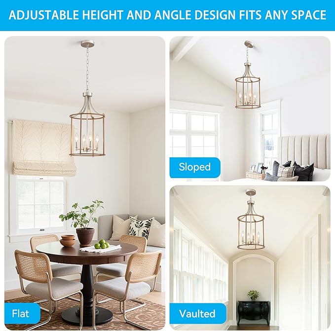 XINGQI Farmhouse Chandeliers for Dining Room,4 Light Nickel Wood Grain Finish Hanging Lantern Pendant Lighting Fixture for Staircase Foyer Kitchen Island Dinning Room Living Room