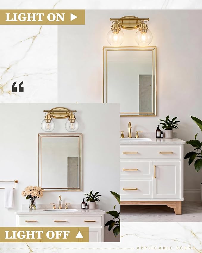 Gold Bathroom Light Fixtures, 2-Light 14" Vanity Lights with Clear Globe Glass Shades, Farmhouse Vintage Vanity Lighting Fixtures Over Mirror, E26 Base, AD-2147-2W-BG