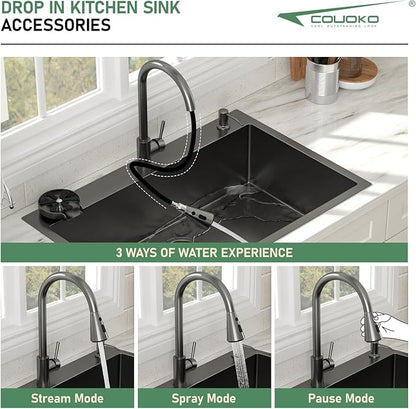 33x22 Black Drop In Kitchen Sink with Faucet Combo16 Gauge Stainless Steel Single Bowl Kitchen Sink Large Deep Round Corner Handmade Topmount Overmount Basin Kitchen Sinks