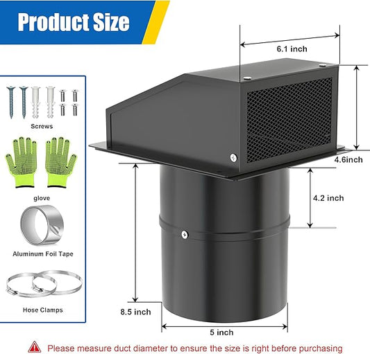 5 Inch Hooded Wall Vent Cover with Screen & Damper, Black Vent Covers for Wall, Galvanized Steel Exhaust Vent Cap for Dryer, Bathroom, Kitchen, Range Hood, AC Duct, Dryer Vent Kit Through Wall