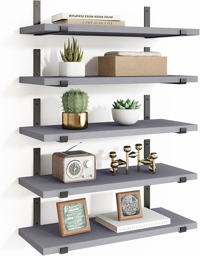 Fixwal Floating Shelves Set of 5, Width 4.7 Inches Wall Shelves, Rustic Wood Wall Storage Shelves for Bedroom, Living Room, Kitchen, Bathroom (Grey)
