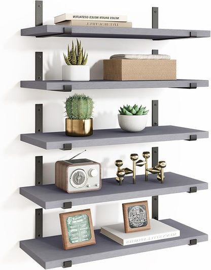 Fixwal Floating Shelves Set of 5, Width 4.7 Inches Wall Shelves, Rustic Wood Wall Storage Shelves for Bedroom, Living Room, Kitchen, Bathroom (Grey)
