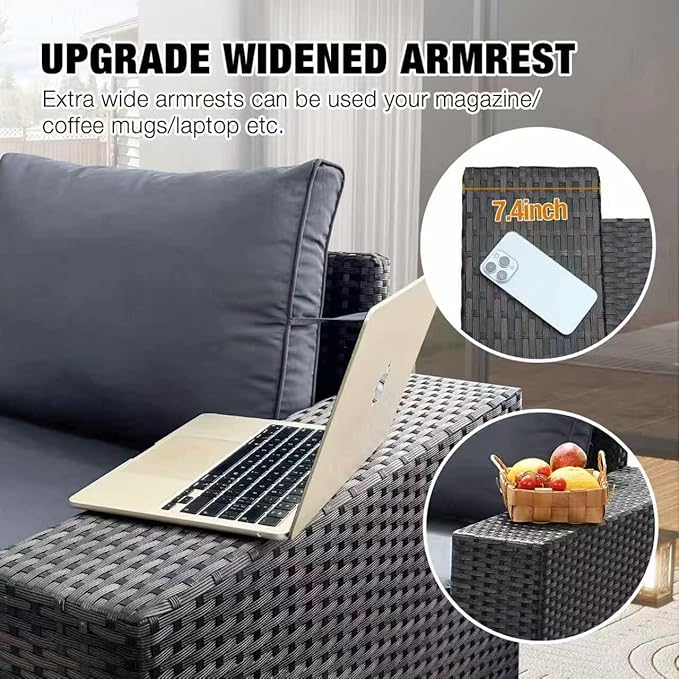 JOYURE 8 Pieces Patio Furniture Set All-Weather Outdoor Wicker Sectional Conversation Sofa Rattan Patio Seating Sofa with Cushion and Glass Table for Porch Poolside,Grey