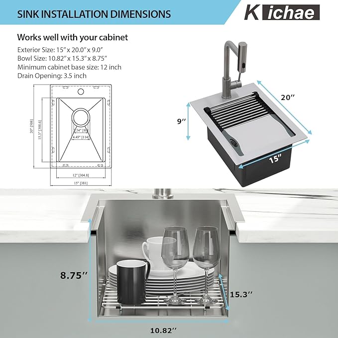 Kichae 15 Inch Outdoor Kitchen Sink - 15" x 20" Stainless Steel Drop Sink 16 Gauge with Pull Down Faucet Combo & Cover for Small Outdoor Kitchens, Bar Prep, and RV Use
