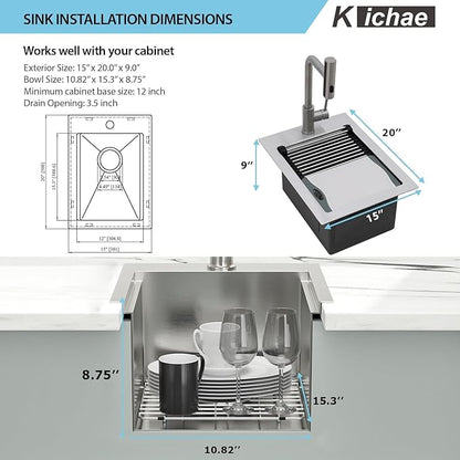 Kichae 15 Inch Outdoor Kitchen Sink - 15" x 20" Stainless Steel Drop Sink 16 Gauge with Pull Down Faucet Combo & Cover for Small Outdoor Kitchens, Bar Prep, and RV Use