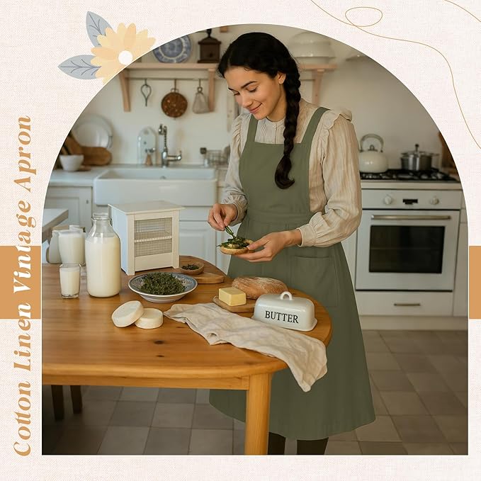 100% Cotton Aprons with Pockets Pinafore Dress for Women Vintage Cute Aprons for Kitchen Baking Gardening Painting