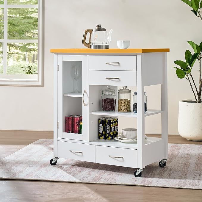American White Oak Dining Car Table – Kitchen Island Cart with Walnut Top, Rolling Storage Cabinet with Drawers and Shelves, White Sideboard Buffet with Glass Door, Towel Bar & Locking Wheels