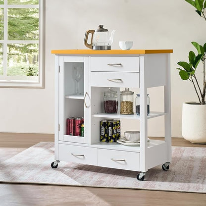 American White Oak Dining Car Table – Kitchen Island Cart with Walnut Top, Rolling Storage Cabinet with Drawers and Shelves, White Sideboard Buffet with Glass Door, Towel Bar & Locking Wheels