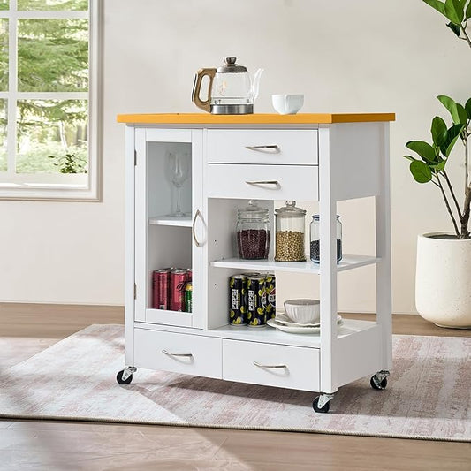 American White Oak Dining Car Table – Kitchen Island Cart with Walnut Top, Rolling Storage Cabinet with Drawers and Shelves, White Sideboard Buffet with Glass Door, Towel Bar & Locking Wheels