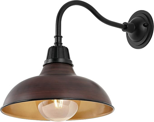 JONATHAN Y 12.25" 1-Light Wood Finish/Copper Farmhouse Industrial Outdoor Sconce, LED Gooseneck Wall Light for Porch, Metal Bowl Shade, Dimmable Vintage Exterior Fixture, LED Bulb Included (JYL7613G)