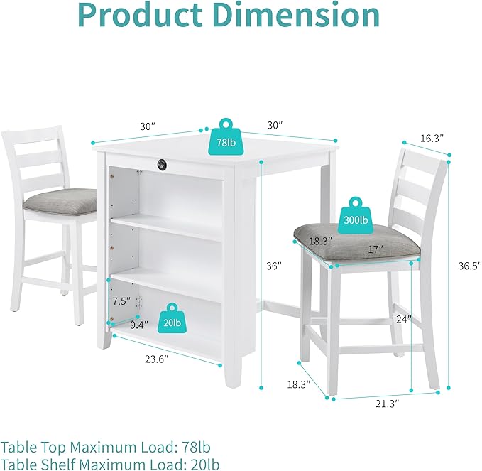 Bar Table Set with Charging Station & 3-Tier Storage, Space-Saving Dining Table Set for 2 with Upholstered Chairs, Small Kitchen Island for Apartment (30 Inch+White)