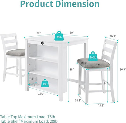 Bar Table Set with Charging Station & 3-Tier Storage, Space-Saving Dining Table Set for 2 with Upholstered Chairs, Small Kitchen Island for Apartment (30 Inch+White)