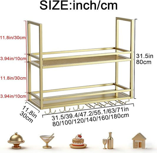Ceiling Wine Glass Rack, Industrial Wall Mounted Wine Rack, Hanging Wine Rack, 2-Layer Iron Bottle Holder Wine Shelf with Glass Holder (Gold,120CM)