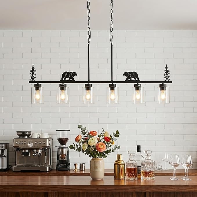 Dining Room Light Fixture/Chandelier Over Table,6-Light Kitchen Island Lighting Hanging for Farmhouse Linear Chandeliers Black Rustic Ceiling Pendant Light Fixtures with Clear Glass Shade